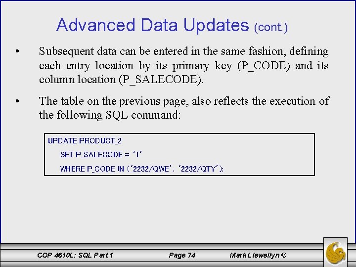 Advanced Data Updates (cont. ) • Subsequent data can be entered in the same