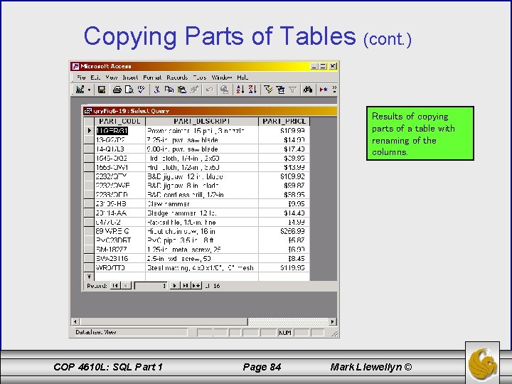 Copying Parts of Tables (cont. ) Results of copying parts of a table with