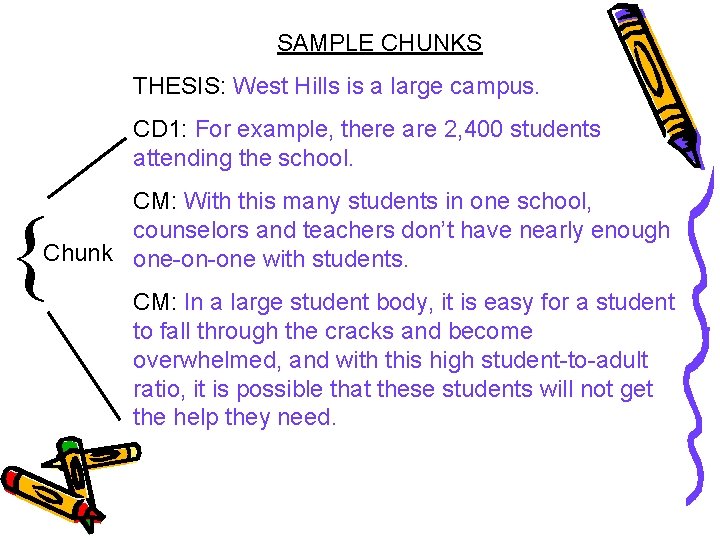 SAMPLE CHUNKS THESIS: West Hills is a large campus. CD 1: For example, there