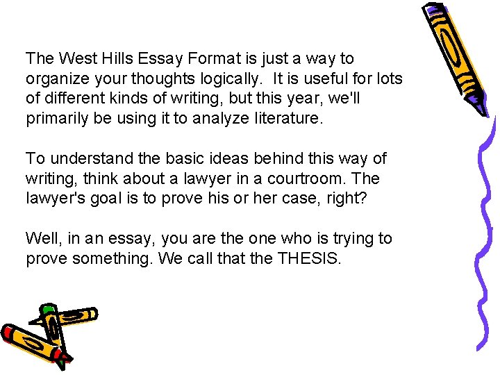 The West Hills Essay Format is just a way to organize your thoughts logically.