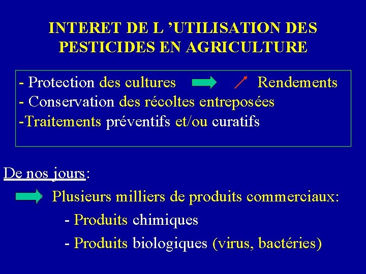 INTERET DE L ’UTILISATION DES PESTICIDES EN AGRICULTURE - Protection des cultures Rendements -