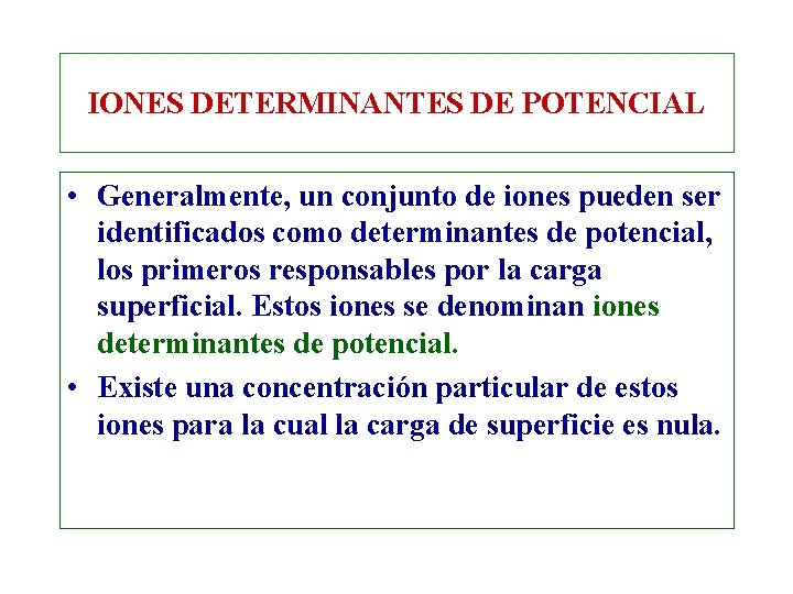IONES DETERMINANTES DE POTENCIAL • Generalmente, un conjunto de iones pueden ser identificados como IONES DETERMINANTES DE POTENCIAL • Generalmente, un conjunto de iones pueden ser identificados como