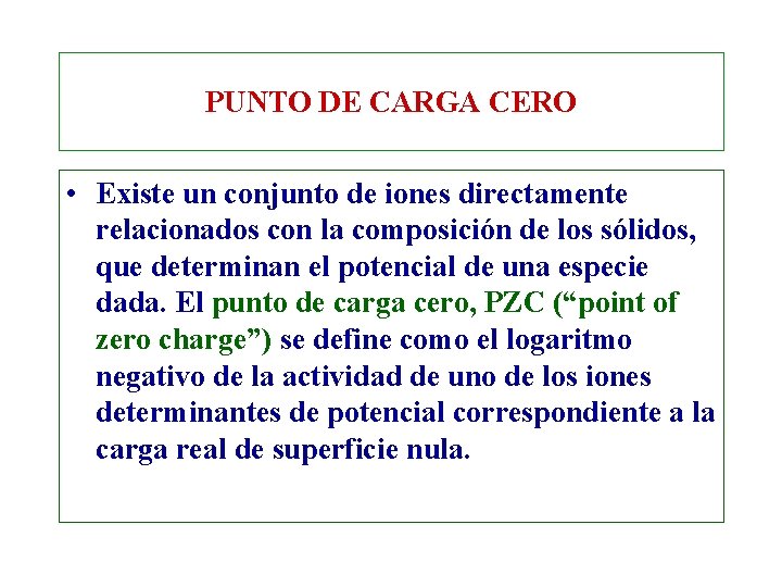 PUNTO DE CARGA CERO • Existe un conjunto de iones directamente relacionados con la PUNTO DE CARGA CERO • Existe un conjunto de iones directamente relacionados con la