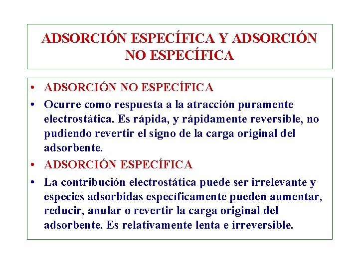 ADSORCIÓN ESPECÍFICA Y ADSORCIÓN NO ESPECÍFICA • Ocurre como respuesta a la atracción puramente ADSORCIÓN ESPECÍFICA Y ADSORCIÓN NO ESPECÍFICA • Ocurre como respuesta a la atracción puramente