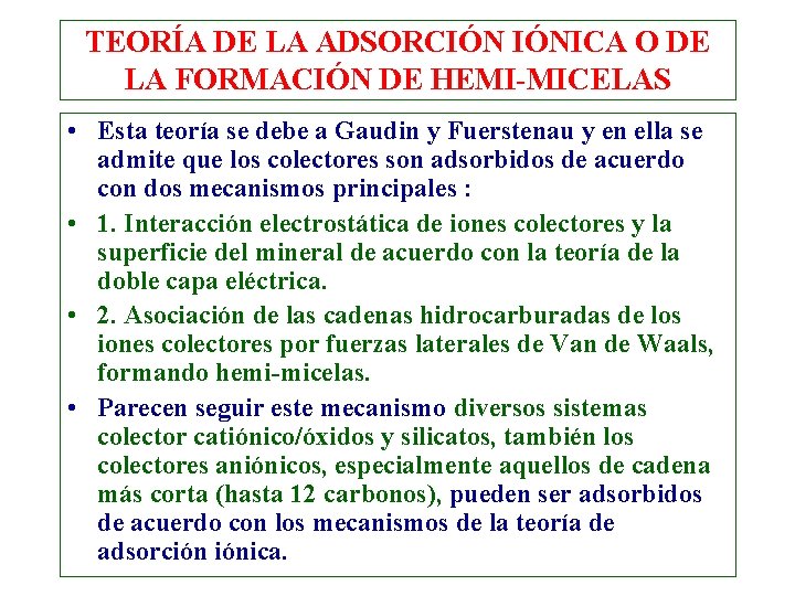 TEORÍA DE LA ADSORCIÓN IÓNICA O DE LA FORMACIÓN DE HEMI-MICELAS • Esta teoría TEORÍA DE LA ADSORCIÓN IÓNICA O DE LA FORMACIÓN DE HEMI-MICELAS • Esta teoría