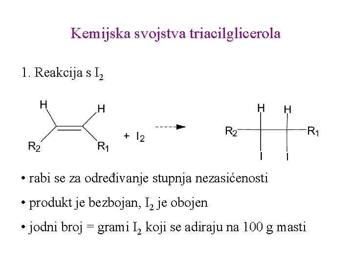 Kemijska svojstva triacilglicerola 1. Reakcija s I 2 • rabi se za određivanje stupnja