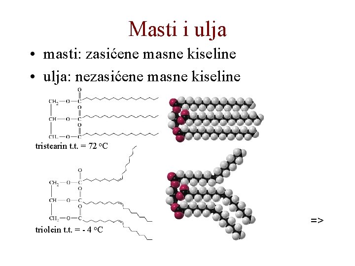 Masti i ulja • masti: zasićene masne kiseline • ulja: nezasićene masne kiseline tristearin