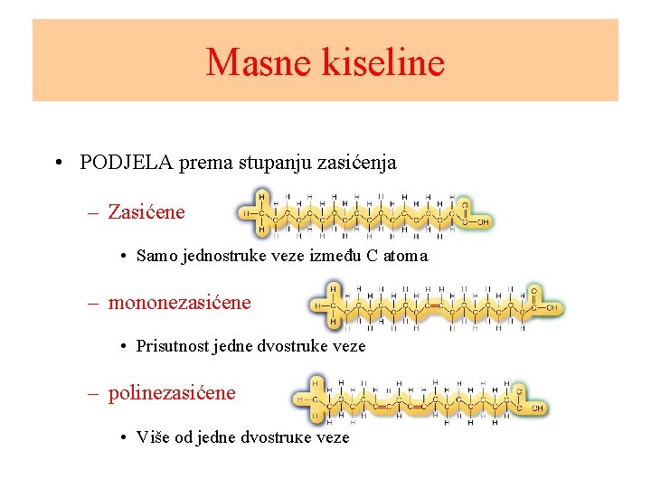 Masne kiseline • PODJELA prema stupanju zasićenja – Zasićene • Samo jednostruke veze između