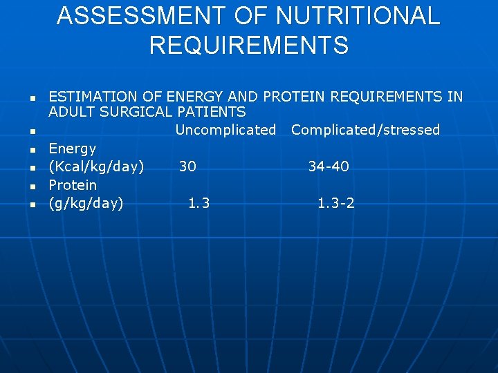 ASSESSMENT OF NUTRITIONAL REQUIREMENTS n n n ESTIMATION OF ENERGY AND PROTEIN REQUIREMENTS IN