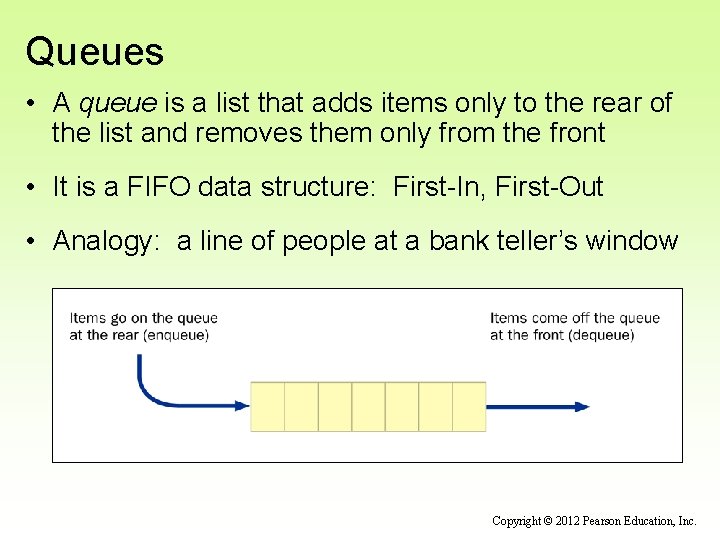 Queues • A queue is a list that adds items only to the rear