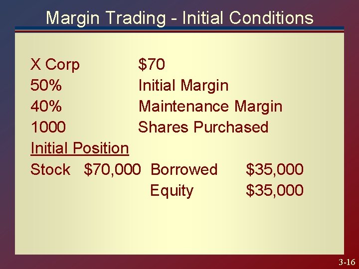 Margin Trading - Initial Conditions X Corp $70 50% Initial Margin 40% Maintenance Margin