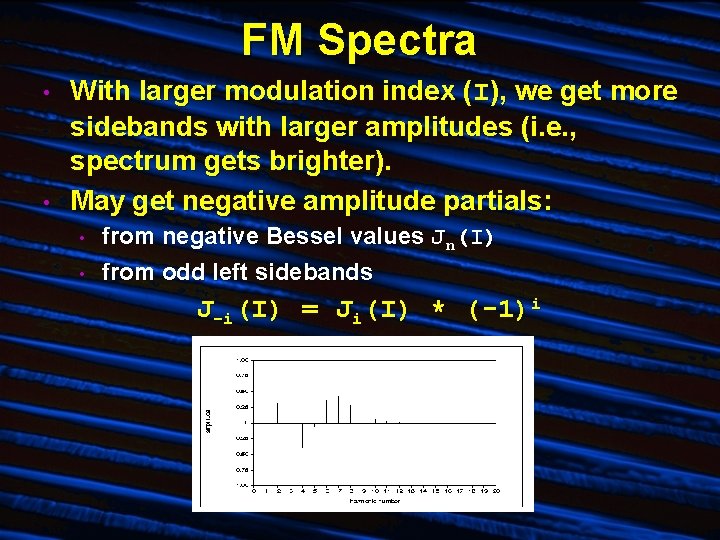 FM Spectra • • With larger modulation index (I), we get more sidebands with