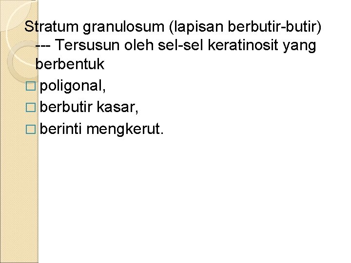 Stratum granulosum (lapisan berbutir-butir) --- Tersusun oleh sel-sel keratinosit yang berbentuk � poligonal, �