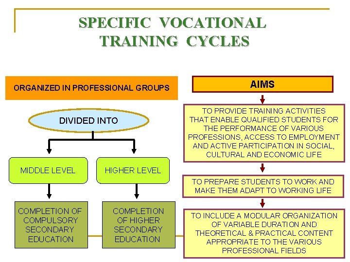 SPECIFIC VOCATIONAL TRAINING CYCLES ORGANIZED IN PROFESSIONAL GROUPS DIVIDED INTO MIDDLE LEVEL AIMS TO
