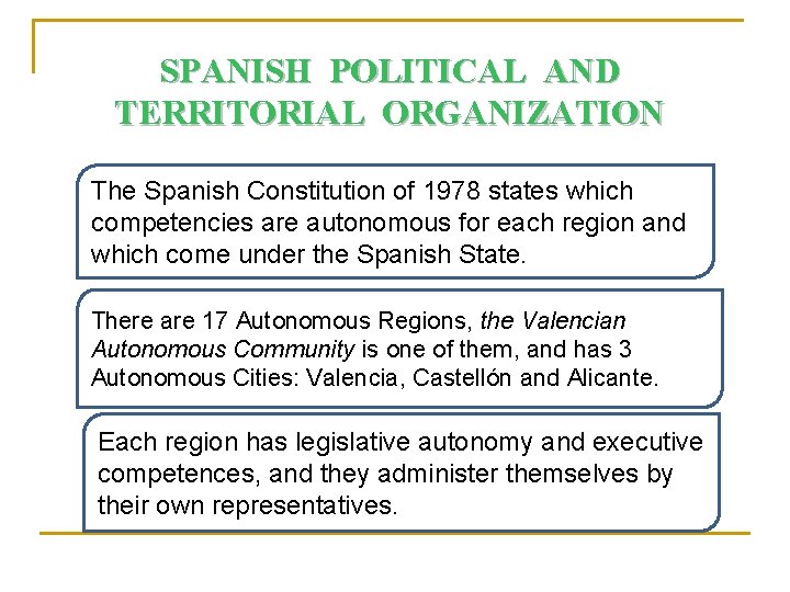 SPANISH POLITICAL AND TERRITORIAL ORGANIZATION The Spanish Constitution of 1978 states which competencies are