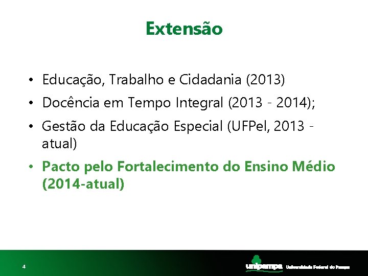 Extensão • Educação, Trabalho e Cidadania (2013) • Docência em Tempo Integral (2013 -