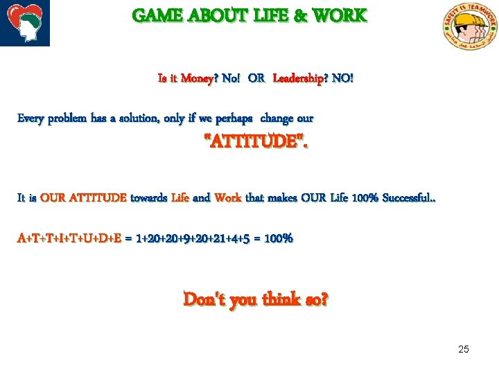 GAME ABOUT LIFE & WORK Is it Money? No! OR Leadership? NO! Every problem
