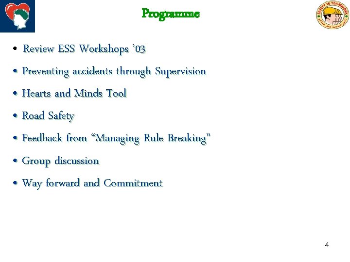 Programme • Review ESS Workshops ’ 03 • Preventing accidents through Supervision • Hearts