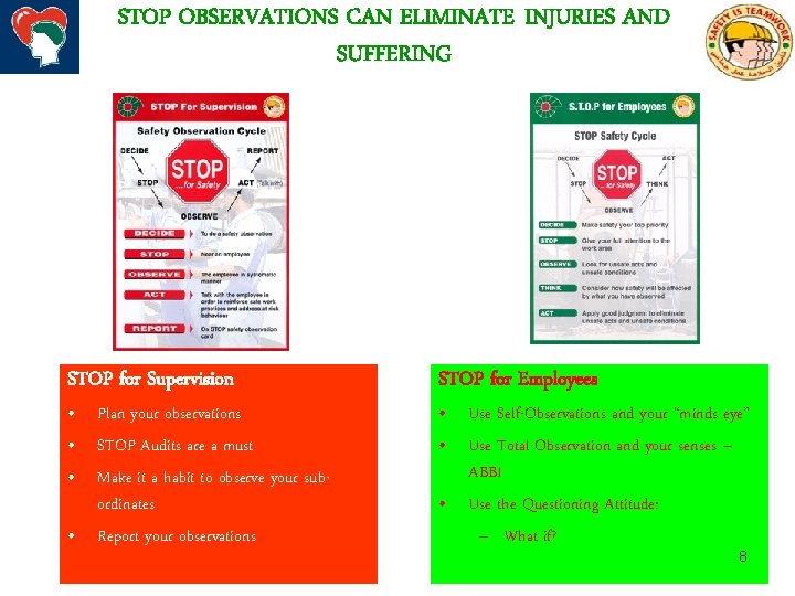 STOP OBSERVATIONS CAN ELIMINATE INJURIES AND SUFFERING STOP for Supervision STOP for Employees •