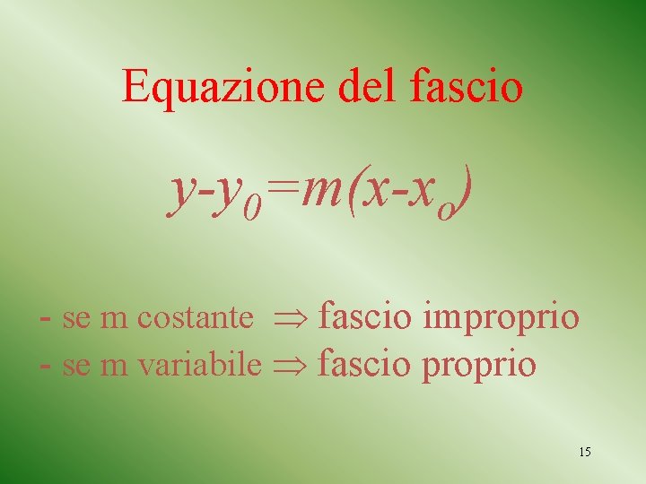 Equazione del fascio y-y 0=m(x-xo) - se m costante fascio improprio - se m
