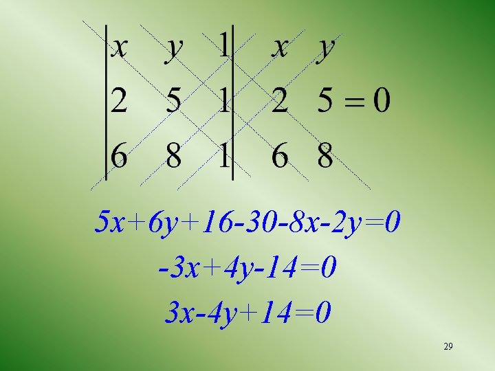 5 x+6 y+16 -30 -8 x-2 y=0 -3 x+4 y-14=0 3 x-4 y+14=0 29