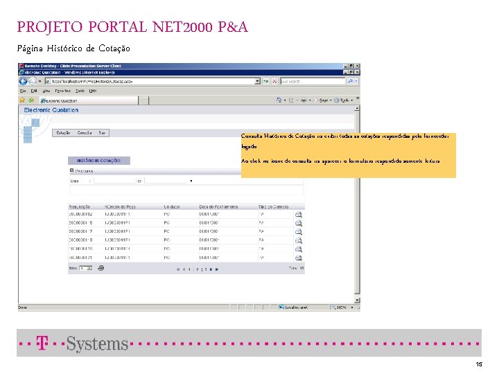 PROJETO PORTAL NET 2000 P&A Página Histórico de Cotação Consulta Histórico de Cotação ira