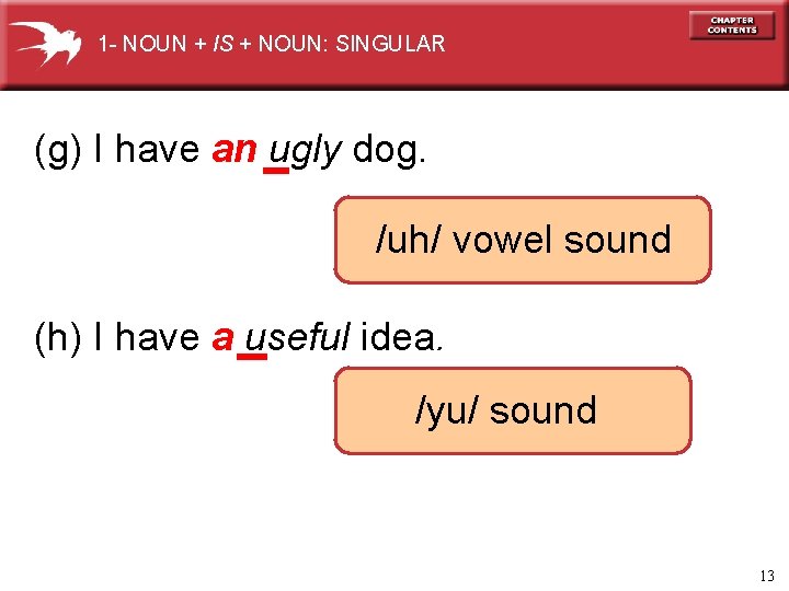 1 - NOUN + IS + NOUN: SINGULAR (g) I have an ugly dog.