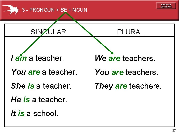 3 - PRONOUN + BE + NOUN SINGULAR PLURAL I am a teacher. We