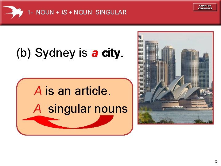 1 - NOUN + IS + NOUN: SINGULAR (b) Sydney is a city. A