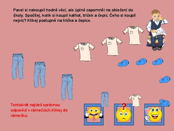 Pavel si nakoupil hodně věcí, ale úplně zapomněl na oblečení do školy. Spočítej, kolik
