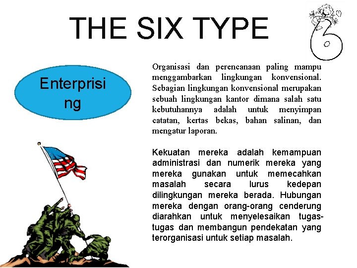 THE SIX TYPE Enterprisi ng Organisasi dan perencanaan paling mampu menggambarkan lingkungan konvensional. Sebagian