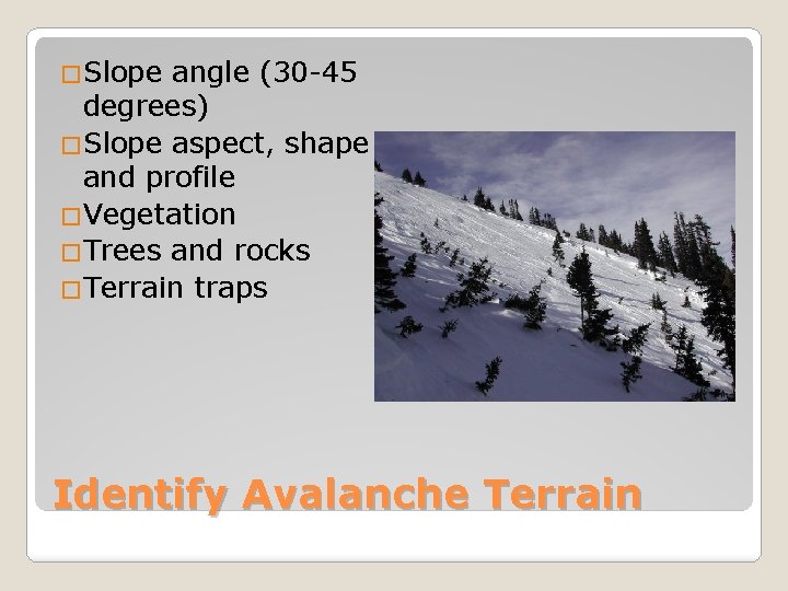 �Slope angle (30 -45 degrees) �Slope aspect, shape and profile �Vegetation �Trees and rocks