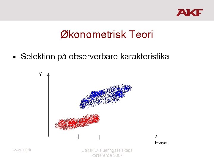 Økonometrisk Teori § Selektion på observerbare karakteristika www. akf. dk Dansk Evalueringsselskabs konference 2007