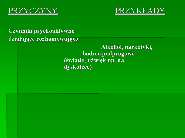 PRZYCZYNY PRZYKŁADY Czynniki psychoaktywne działające rozhamowująco Alkohol, narkotyki, bodźce podprogowe (światło, dźwięk np. na