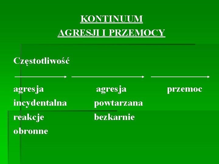 KONTINUUM AGRESJI I PRZEMOCY Częstotliwość agresja incydentalna reakcje obronne agresja powtarzana bezkarnie przemoc 