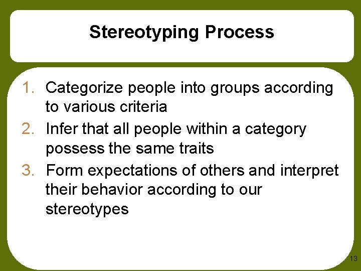 Stereotyping Process 1. Categorize people into groups according to various criteria 2. Infer that