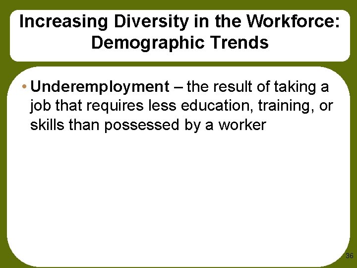 Increasing Diversity in the Workforce: Demographic Trends • Underemployment – the result of taking