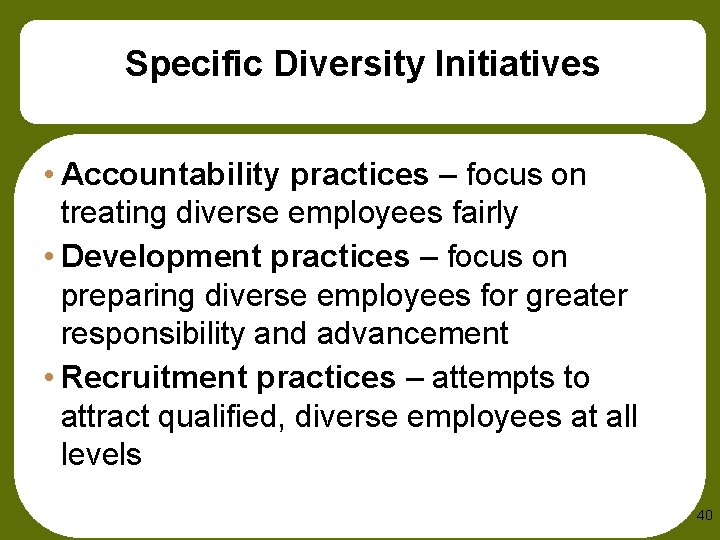 Specific Diversity Initiatives • Accountability practices – focus on treating diverse employees fairly •