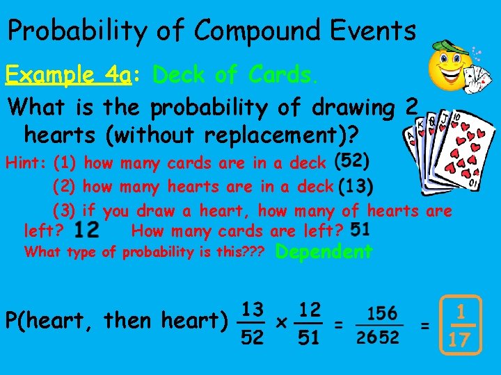 Probability of Compound Events Example 4 a: Deck of Cards. What is the probability