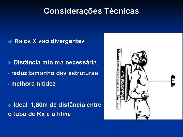 Considerações Técnicas v Raios X são divergentes v Distância mínima necessária • reduz tamanho