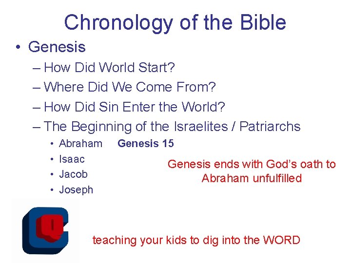 Chronology of the Bible • Genesis – How Did World Start? – Where Did