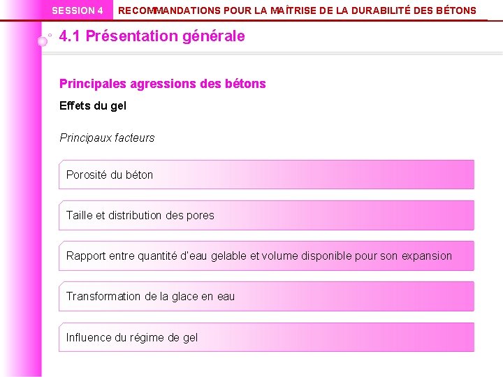 SESSION 4 RECOMMANDATIONS POUR LA MAÎTRISE DE LA DURABILITÉ DES BÉTONS 4. 1 Présentation