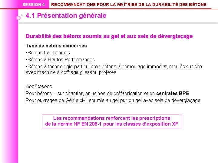 SESSION 4 RECOMMANDATIONS POUR LA MAÎTRISE DE LA DURABILITÉ DES BÉTONS 4. 1 Présentation