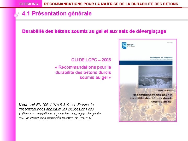 SESSION 4 RECOMMANDATIONS POUR LA MAÎTRISE DE LA DURABILITÉ DES BÉTONS 4. 1 Présentation