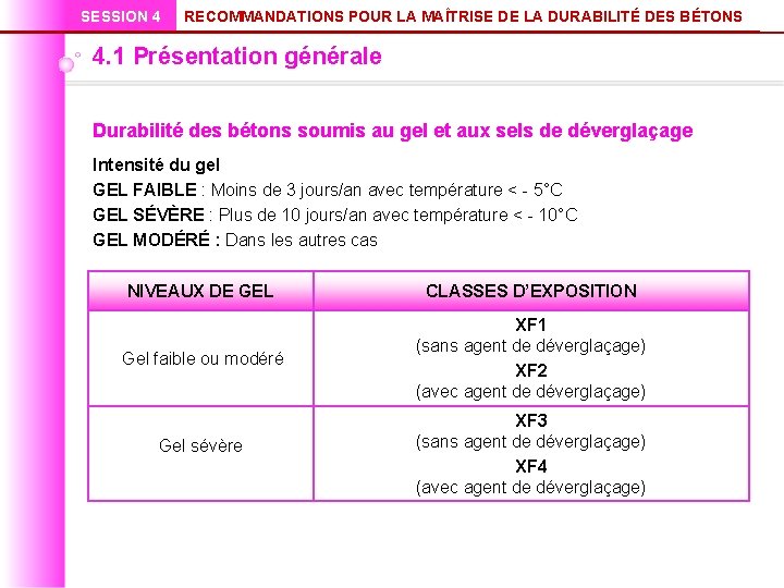 SESSION 4 RECOMMANDATIONS POUR LA MAÎTRISE DE LA DURABILITÉ DES BÉTONS 4. 1 Présentation