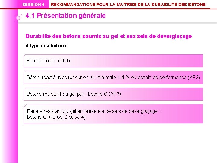 SESSION 4 RECOMMANDATIONS POUR LA MAÎTRISE DE LA DURABILITÉ DES BÉTONS 4. 1 Présentation