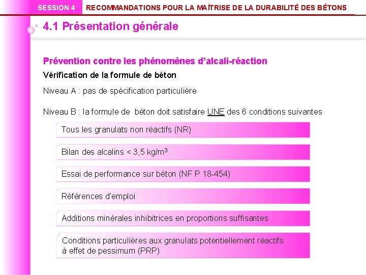 SESSION 4 RECOMMANDATIONS POUR LA MAÎTRISE DE LA DURABILITÉ DES BÉTONS 4. 1 Présentation