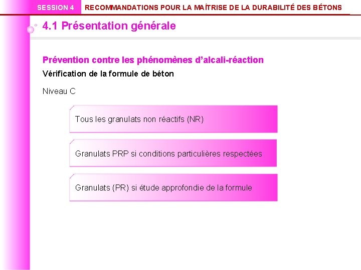 SESSION 4 RECOMMANDATIONS POUR LA MAÎTRISE DE LA DURABILITÉ DES BÉTONS 4. 1 Présentation