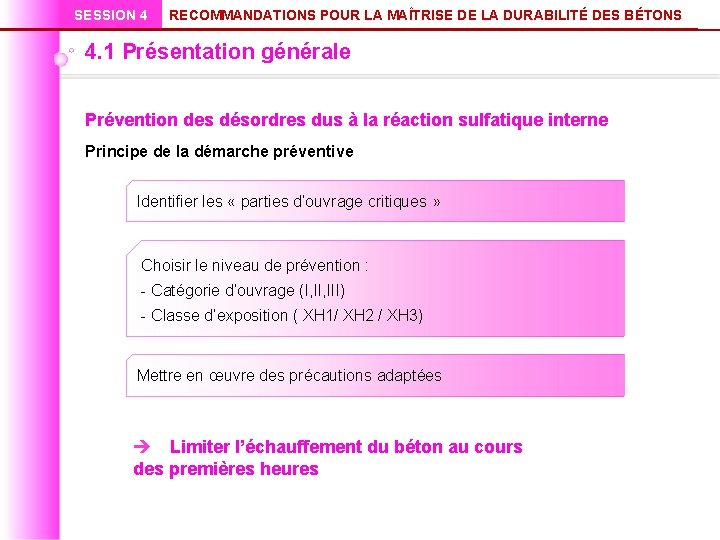 SESSION 4 RECOMMANDATIONS POUR LA MAÎTRISE DE LA DURABILITÉ DES BÉTONS 4. 1 Présentation