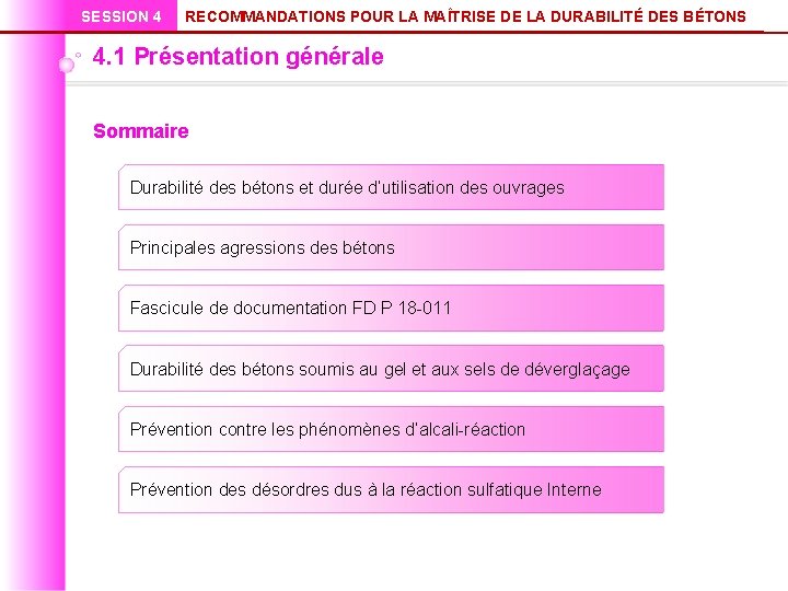 SESSION 4 RECOMMANDATIONS POUR LA MAÎTRISE DE LA DURABILITÉ DES BÉTONS 4. 1 Présentation